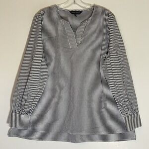 Ming Wang Top Womens Large Blue White Striped Long Sleeve V-Neck Blouse Classy L